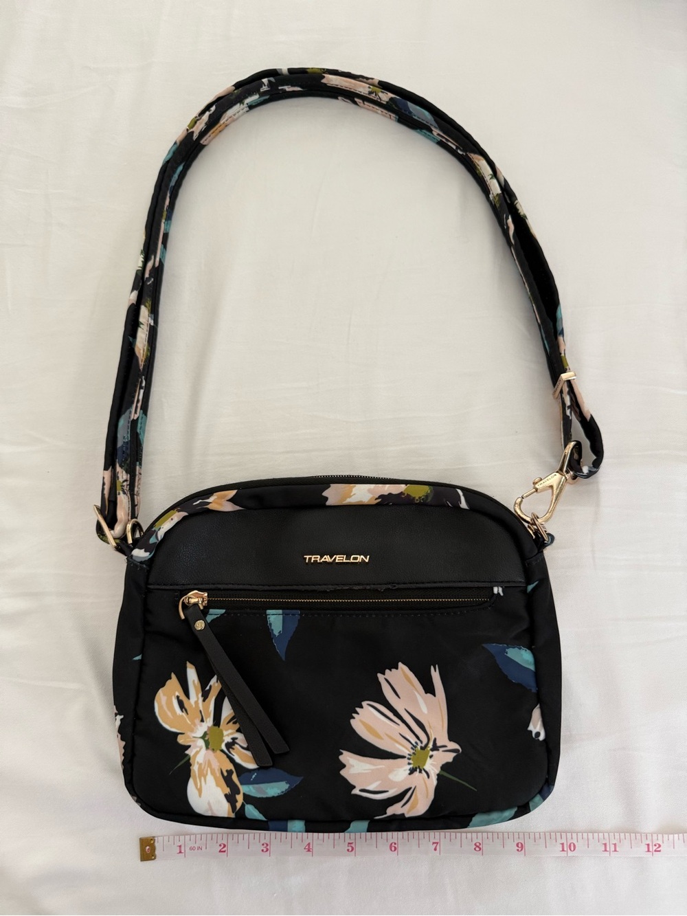 Travelon Black Floral Crossbody with Gold Logo - Picture 2 of 11